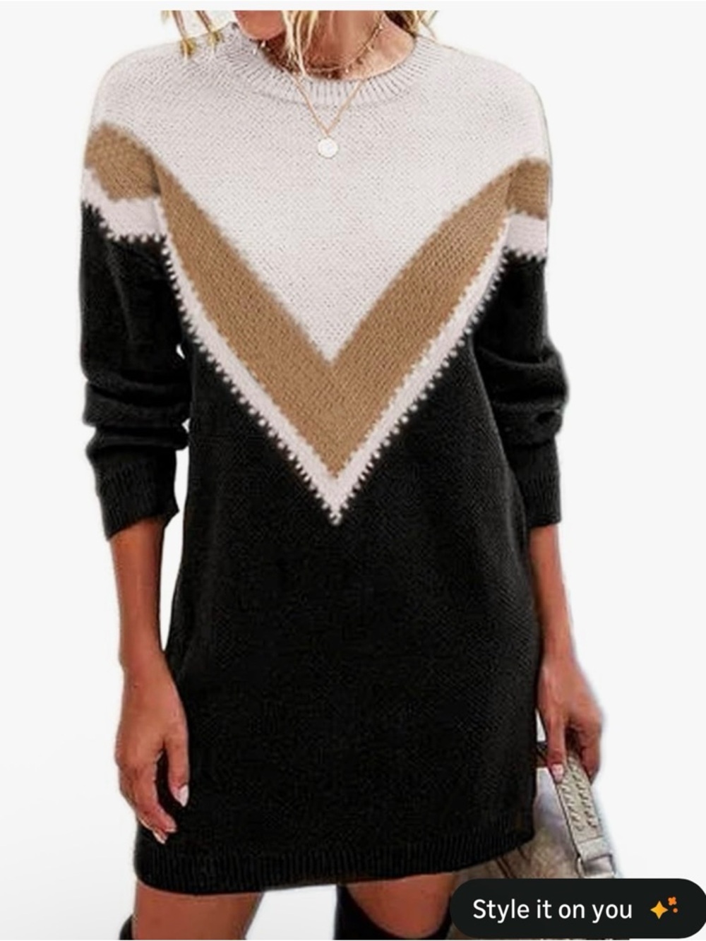 Chevron-Accent Knit Mini Dress in Black, Cream & Tan